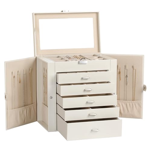 6-Layer Jewelry Box for Women,Large Jewelry Organizer with Drawer | Faux Leather,Built-in Mirror,Spacious Jewelry Storage,16 Necklace Hooks,Organizing by Category for Rings Earrings Bracelet - color: Pearl White, size: Large