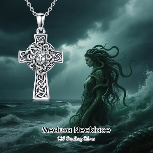PROESS Cross Necklace for Women Men Sterling Silver Rose/Sunflower Cross Pendant Religious Jewelry Christmas Birthday Mothers' Day Gifts - color: 14-Medusa Goddess