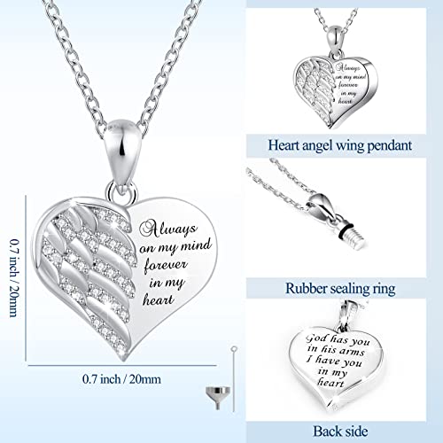 925 Sterling Silver Angel Wing Heart Cremation Urn Necklace Ring Set（#10）