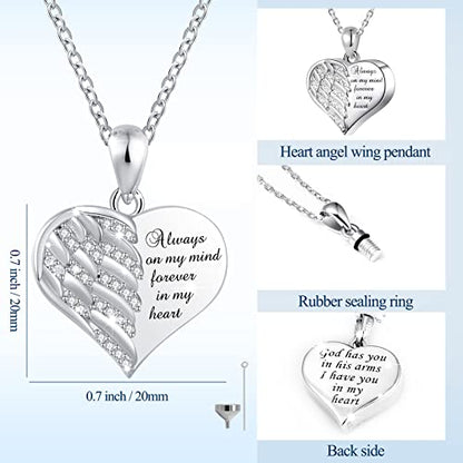 925 Sterling Silver Angel Wing Heart Cremation Urn Necklace Ring Set（#10）