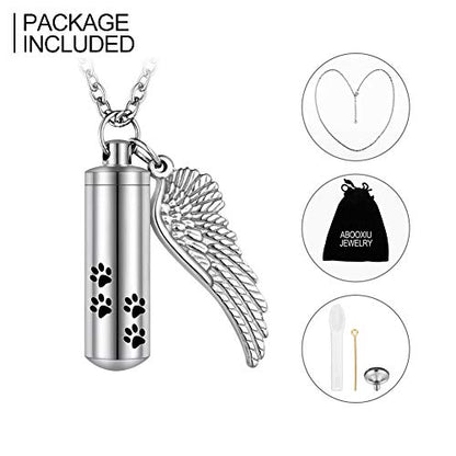 abooxiu Cylinder Cremation Urn Necklace with Angel Wing & Pet Paw - Ashes Keepsake for Dog/Cat Memorial - color: Silver-M