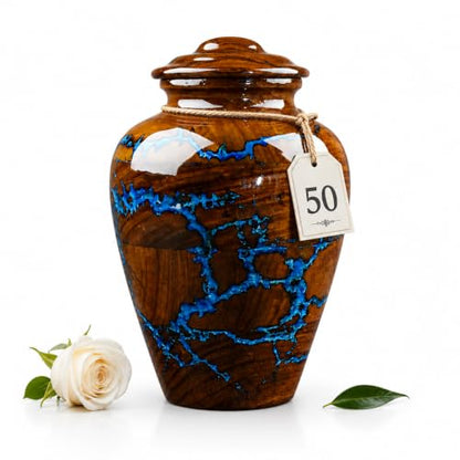 Handcrafted Rosewood Cremation Urn for Human Ashes – 50 Cubic Inches Funeral Memorial Urn for Adult Women & Men, Elegant Wooden Memorial Ashes Urn with Blue Resin Inlay, Funeral Urn for Loved Ones - size: STANDARD 50 Cu inch