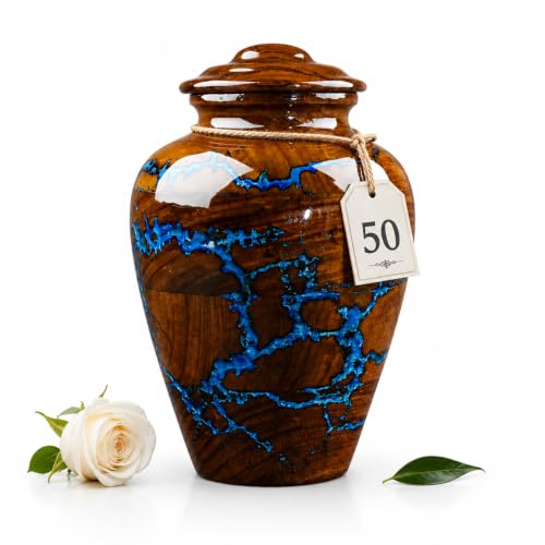 Handcrafted Rosewood Cremation Urn for Human Ashes – 50 Cubic Inches Funeral Memorial Urn for Adult Women & Men, Elegant Wooden Memorial Ashes Urn with Blue Resin Inlay, Funeral Urn for Loved Ones - size: STANDARD 50 Cu inch