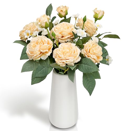16’’ Artificial Flowers with Vase, Silk Flower Arrangements | White Ceramic Vase with Peonies Flowers Bouquet, Home Office Dining Table Centerpiece Decor, Champagne - color: Champagne