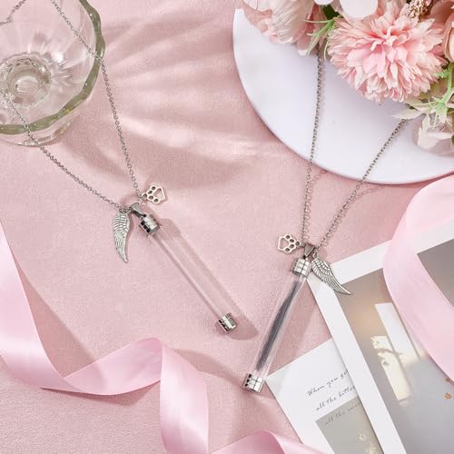 2pcs Pet Whisker Memorial Necklace Clear Plastic Tube Bottle Pendant with Paw Print and Wings Charms Iron Chain Jewelry Urn Ashes Memorial Pendant Keepsake for Cat Whiskers Pet or Human