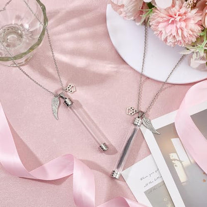 2pcs Pet Whisker Memorial Necklace Clear Plastic Tube Bottle Pendant with Paw Print and Wings Charms Iron Chain Jewelry Urn Ashes Memorial Pendant Keepsake for Cat Whiskers Pet or Human