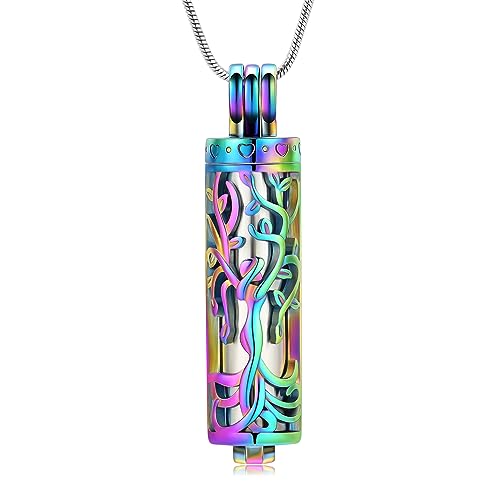 Urn Necklace for Ashes with Hollow Vial Cylinder Cremation Jewelry for Ashes Tree of Life Memorial Jewelry Gifts for Women Ashes Necklace Lockets Ashes Holder for Men Pet - color: Angle-Colourful-silver