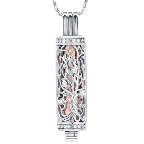 Tree of Life Urn Necklace for Women Men Cylinder Bar Memorial Ash Pendant | Tree of Life Cremation Jewelry,Stainless Steel Keepsakes Necklaces,Vial Ashes Pendant - color: Silver-Rose
