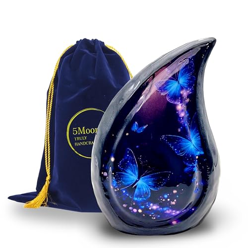 Teardrop Cremation Urn for Human Ashes, Hand Painted Blue Butterfly Galaxy Design, 6 Inch, with Velvet Bag