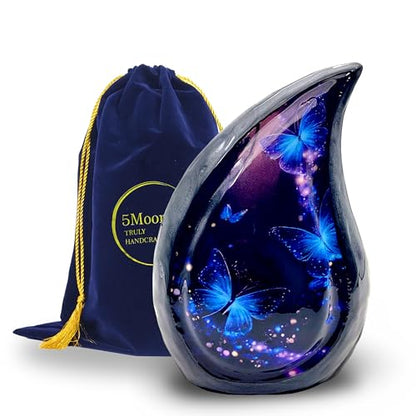 Teardrop Cremation Urn for Human Ashes, Hand Painted Blue Butterfly Galaxy Design, 6 Inch, with Velvet Bag