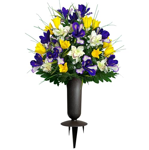 Artificial Cemetery Flowers - Grave Decoration - Yellow Tulips and Purple Iris (1) Bouquet (1) Vase - color: Yellow/Purple, size: (1) Bouquet (1) Vase