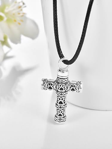 Dreamboat Pet Cremation Urn Necklaces for Dog Cat Ashes 925 Sterling Silver Paw Print Keepsake Pendant Memorial Jewelry Gifts for Women Men - style: 01E-Corss Vial