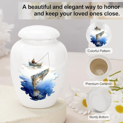 abooxiu Small Urns for Human Ashes Mini Urn for Ashes 2.8 Inch Ceramic Memorial Keepsake Urn Cremation Urn for Adult Female Male Women Men, Decorative Funeral Burial Urns, Fishing Scene