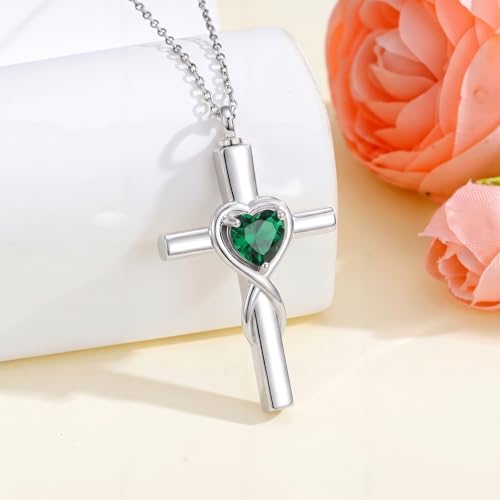 YYB Urn Necklace for Ashes Women Heart Birthstone Cross Cremation Jewelry | Memorial Keepsake Funeral Jewelry for Loved Ones (with Funnel Filler) - color: 05-May-Emerald