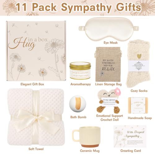 11Pcs Sympathy Gift Baskets for Women, Bereavement Grief Condolence Care Package for Loss of Loved One Hug in a Box with Emotional Support Crochet Doll, Thinking of You Gifts for Grieving Friends