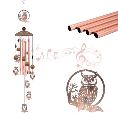 36 Inch Owl Wind Chimes for Outside,Unique Gift for Owl Lovers | Rustic Copper Metal Silhouette Decor with 6 Handcrafted Pendants - Wisdom & Guardian Memorial Windchime for garden - size: 35"Owl