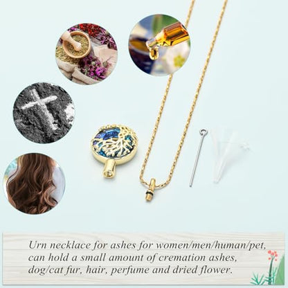 Imrsanl Tree of Life Urn Necklace for Ashes Paw Print Circle of Life Cremation Jewelry Keepsake Pendant Memorial Pet Ashes Holder for Women Men - color: Gold-Blue