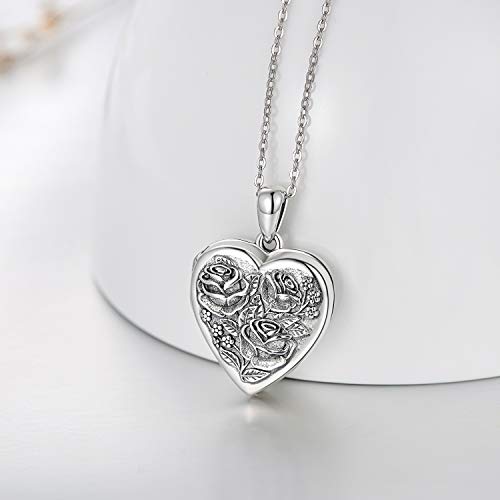 MEDWISE 925 Sterling Silver Locket Necklace That Holds Pictures Photo Necklace Oxidized Rose Flower/Sunflower/Compass/Celtic Heart Pendnat Lockets Gifts for Women Birthday Christmas Gifts - style: D-Custom Rose Flower