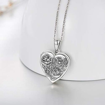 MEDWISE 925 Sterling Silver Locket Necklace That Holds Pictures Photo Necklace Oxidized Rose Flower/Sunflower/Compass/Celtic Heart Pendnat Lockets Gifts for Women Birthday Christmas Gifts - style: D-Custom Rose Flower