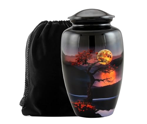 Large Cremation Urn for Human Ashes Adult Male Female, Holds Remains Up to 200 lbs, Hand-Painted Moon & Sunset Tree Design, Metal Memorial Urn with Velvet Bag for Home or Burial - color: Tree