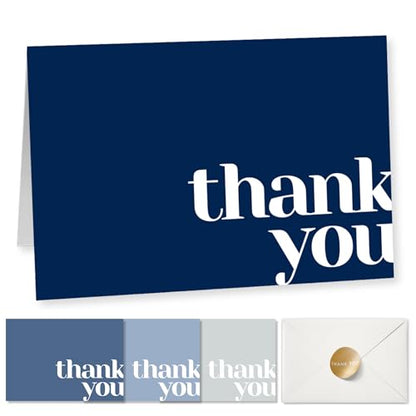 Paper Play Thank You Cards Bulk Pack of 40 Blue, 5x3.5 Inches with Matching Stickers & Envelopes, Minimalistic Design Suitable for Business, Baby Shower, Wedding, Small Business, Graduation, Funeral | 5 x 3.5", Matching Stickers, Suitable for Business, Ba