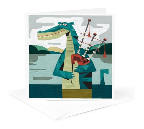 3dRose Funny Cool Loch Ness Monster Playing Bagpipes Music Abstract 1 Greeting Card with envelope - size: 5.5”