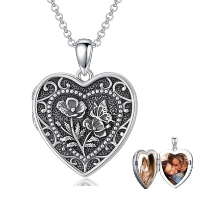 PELOVNY Birth Flower Locket Necklace for Women 925 Sterling Silver Flower Butterfly Heart Photo Locket Pendant Birthday Christmas Jewelry Gifts for Mom Daughter Wife Sister - color: 08-Poppy