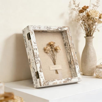 8×10 Shadow Box Frame, Linen Back, Glass Door, Hinge Display Case - color: Rustic White, size: 8×10