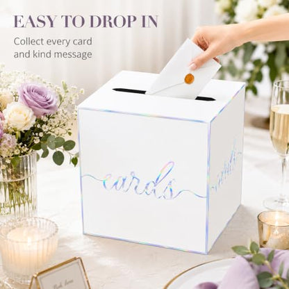 White Iridescent Card Box for Birthday Parties, Wedding and Bridal Shower | Collect Cards and Envelopes in One Place with an 8.7 Inch Cube, Wide Top Slot and Holographic White Design - color: White Iridescent