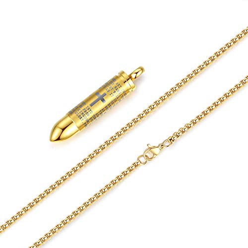 Mens Urn Necklace For Ashes Bullet Shape Cross Cremation Urn Jewelry - color: Gold Tone