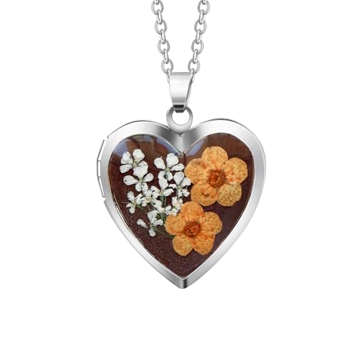Handmade Heart Shaped Dried Pressed Forget Me Not Flower Photo Locket Pendant Necklace - color: Silver, style: ORANGE+BROWN