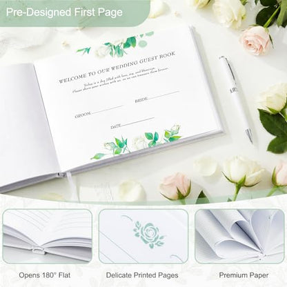 Wedding Guest Book Set, White Linen Hardcover, Gold Foil, 120 Pages - color: White