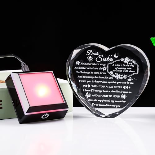 YWHL Sister Birthday Gifts from Sister Brother to My Sisters Crystal Heart Keepsake with Colorful Light Base Soul Sister Gifts for Women for Christmas Mother's Day - color: Sister Gifts