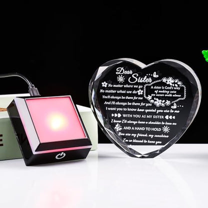 YWHL Sister Birthday Gifts from Sister Brother to My Sisters Crystal Heart Keepsake with Colorful Light Base Soul Sister Gifts for Women for Christmas Mother's Day - color: Sister Gifts