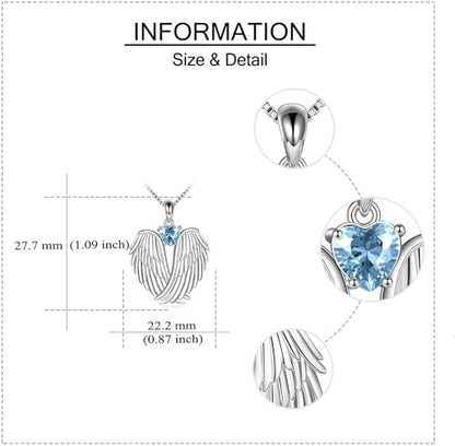 YFN Angel Wings Necklace 925 Sterling Silver Guardian Angel Wings Pendant Necklace Birthstone Necklace for Women Girls Christmas Jewelry Gifts - color: March-Blue