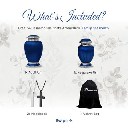 Family Tribute Set of Cremation Urn for Human Ashes Male & Female with 1 Large Urn, 1 Small Keepsake & 1 Silver & 1 Black Cross Necklace- Hotep Tropical Blue - color: Hotep Tropical Blue Set