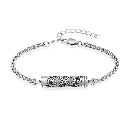 shajwo Cremation Jewelry Sunflower Cylinder Urn Bracelet for Ashes | Adjustable Memorial Keepsake Link Bracelet for Women - color: Silver