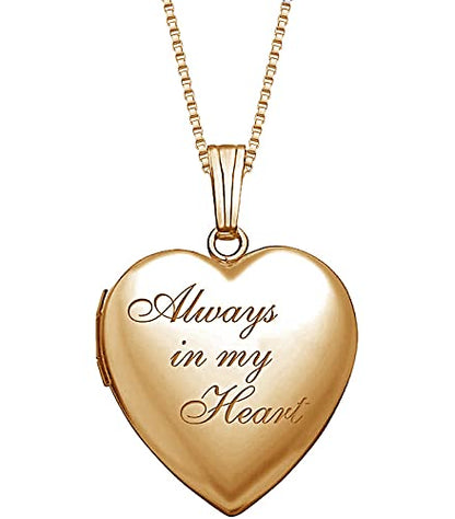 PicturesOnGold.com Personalized Always in My Heart Silver Or Gold Heart Locket Pendant Necklace Jewelry Gifts for Men & Women - 3/4 Inch X 3/4 Inch - Includes 18 inch Cable Chain - style: 14K Yellow Gold Filled - Locket Only