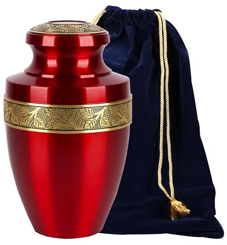 CLEENTABLE Metal Cremation Urn for Human Ashes, Red & Gold - color: Red Yellow, size: Hand-Etched Leaf - 7x11"