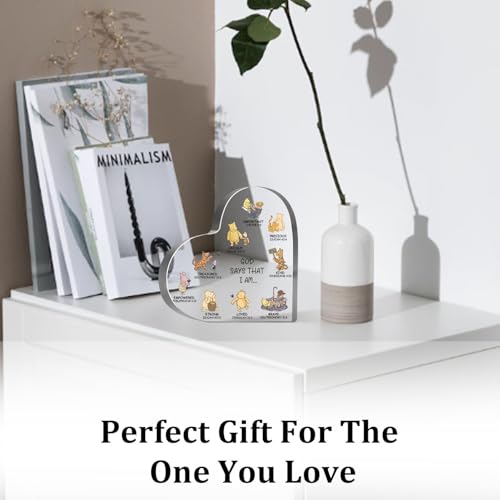 Religious Gifts for Women, Winnie Bible Verse Encouragement Presents for Sister Mom Friend, Christian Home Office Desk Winnie Decor, God Says Inspirational Acrylic Hearts Plaques - style: Winnie 002