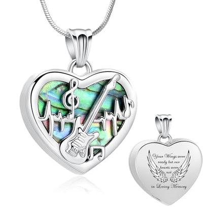 Minicremation Heart Guitar Cremation Pendant Necklace for Ashes Stainless Steel Music Guitar Pick Cremation Keepsake Memorial Urn Necklace - color: Silver&Wings