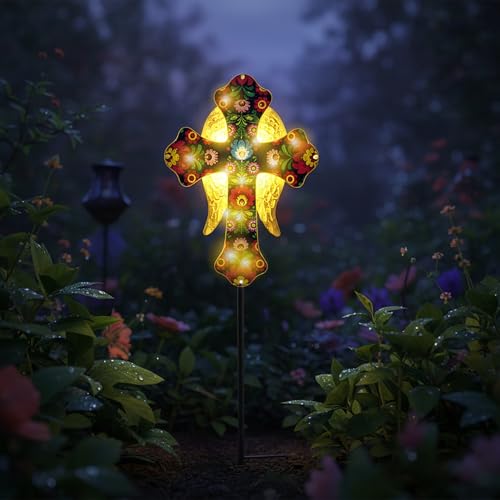 Solar Cross Lights with Angel Wings, Pink and Gold Floral Design, Memorial Garden Stake, Warm White LED, Weather Resistant, 36 Inch - color: Pink and Gold Floral