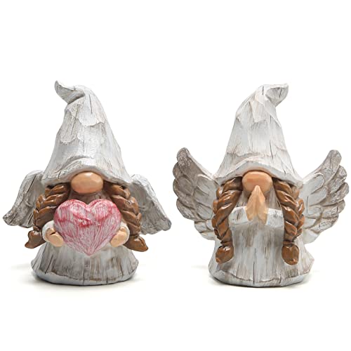 Hodao Angel Gnomes Figurines Set of 2, Handcrafted Wood-Like Resin Guardian Angel Statues with Heart & Prayer, Lucky Home Decor for Shelf, Tiered Tray, Christmas for Mom Grandma Friends