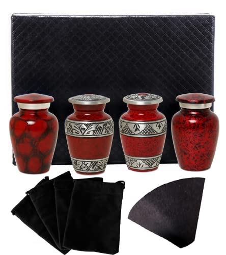 Small Urns for Human Ashes of Adult Male Female | Set of 4 Red Keepsake Vials for Funeral Remains with A Paper Funnel 4 Velvet Bags and A Beautiful Gift Box | Keepsakes and Urns - color: Red