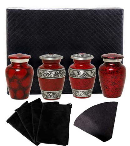 Small Urns for Human Ashes of Adult Male Female | Set of 4 Red Keepsake Vials for Funeral Remains with A Paper Funnel 4 Velvet Bags and A Beautiful Gift Box | Keepsakes and Urns - color: Red