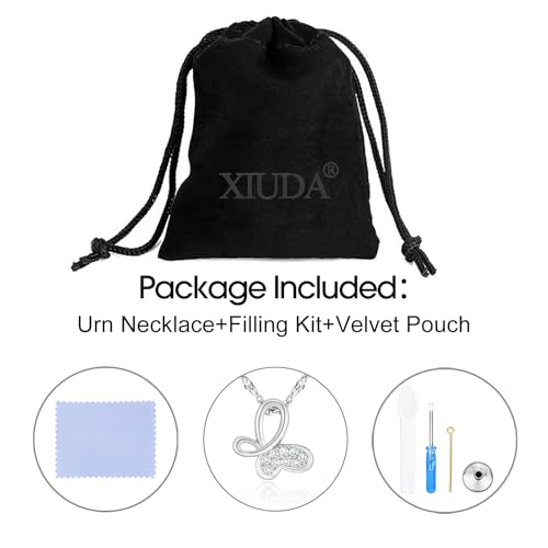 XIUDA Cremation Urn Necklace for Ashes with Crystal Butterfly Urn Jewelry Stainless Steel Memorial Keepsake Urn Pendant for Women - color: Silver-Engraved
