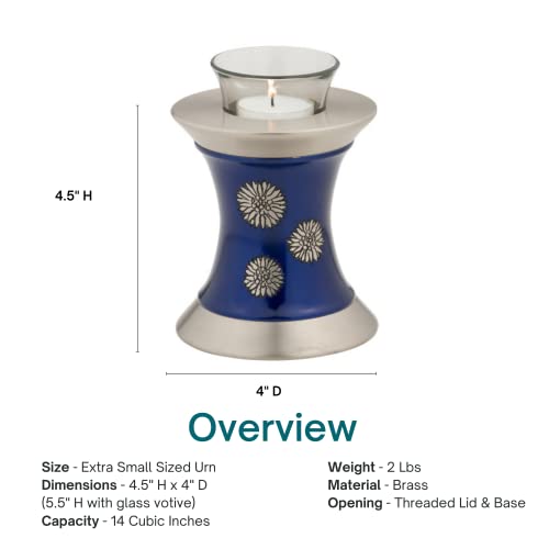 Flowers of Peace Tealight Urn for Ashes - Blue, Brass Memorial Candle Urn, Extra Small, 5.5 Inches High - color: Blue