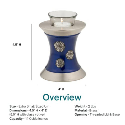 Flowers of Peace Tealight Urn for Ashes - Blue, Brass Memorial Candle Urn, Extra Small, 5.5 Inches High - color: Blue