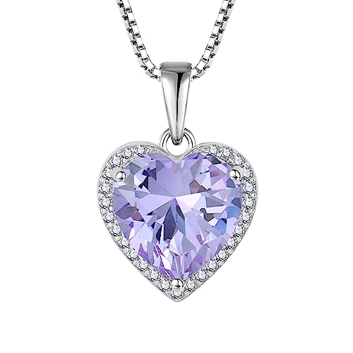 925 Sterling Silver Halo Heart Necklace for Women | Lwsary Love Heart Necklace, Heart Cut Birthstone Jewelry for Her - color: Lavender