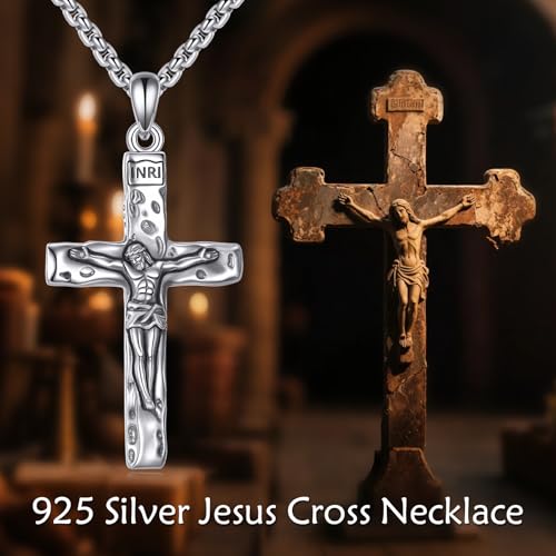 925 Sterling Silver Cross Necklace for Men & Women Crucifix Jesus/Cross Pendant with 22"+2" Stainless Steel Chain Jewelry Gift for Christmas, Father's Day, Mother's Day, Birthday-Gift Box Included - style: B01 Crucifix